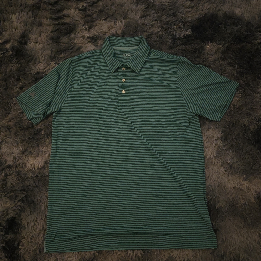 Brooks Brothers Polo Shirt Men's Large Original Fit Pique Green/ Black Stripe